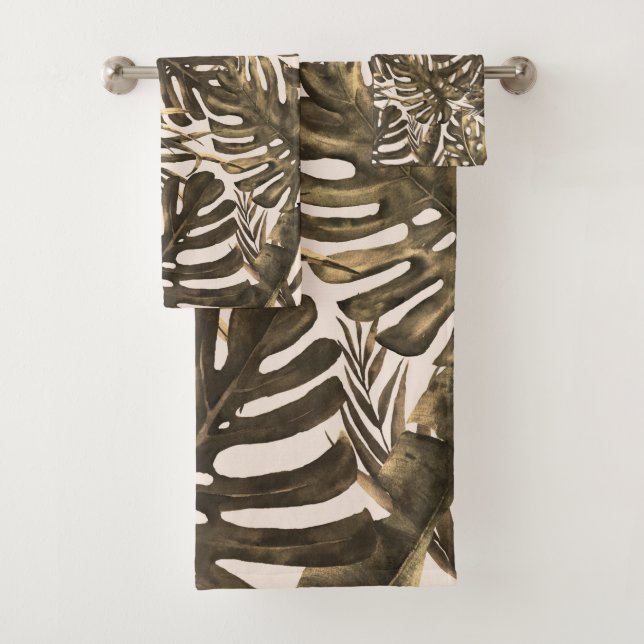 Conjunto De Toalhas Ilha das Folhas Tropicais de Azeite Verde e Creme (Insitu)