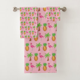 Conjunto De Toalhas Ilha Tropical de Palmeira Flamingo Pineapple rosa
