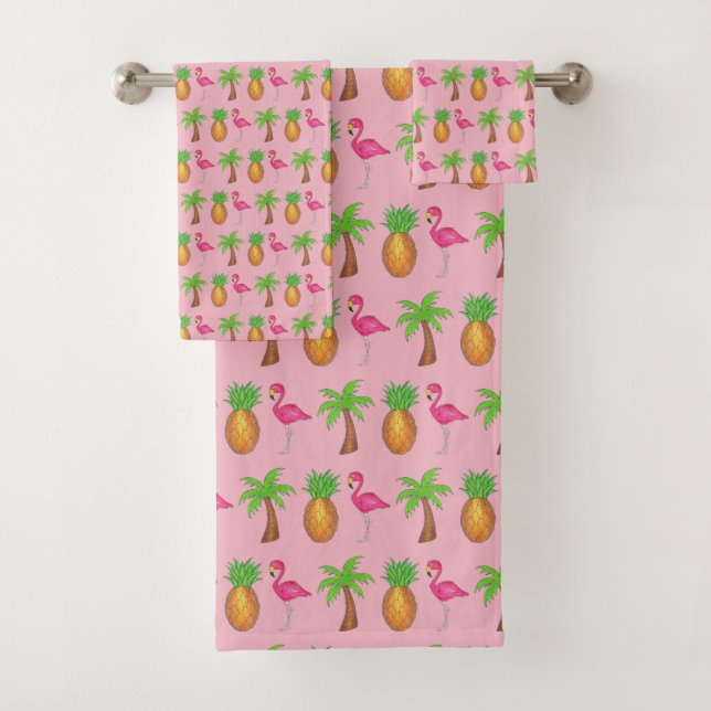 Conjunto De Toalhas Ilha Tropical de Palmeira Flamingo Pineapple rosa (Insitu)