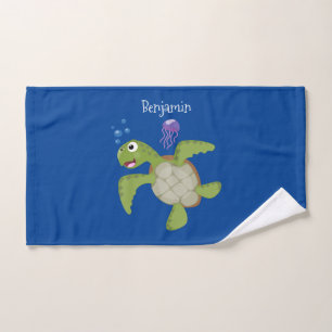 Conjunto De Toalhas Ilustração animada feliz da tartaruga verde-branca