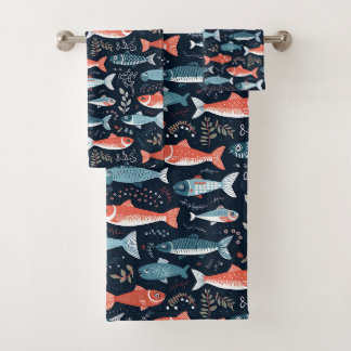 Conjunto De Toalhas Ilustração de Peixe no Fundo do Marinho