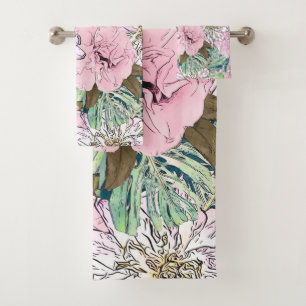 Conjunto De Toalhas Ilustração Floral Branco e Rosa Brilhante