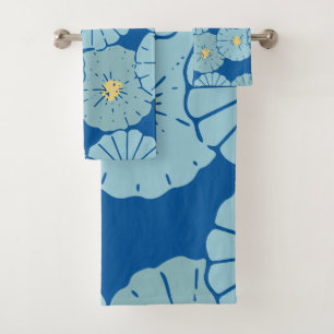 Conjunto De Toalhas Ilustração floral japonesa azul do teste padrão