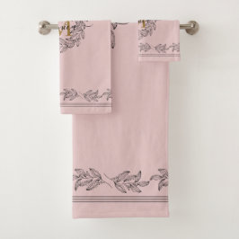 Conjunto De Toalhas Ilustração Folha Elegante Monograma Floral Rosa