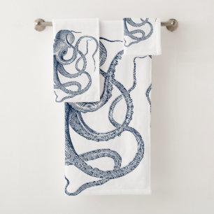 Conjunto De Toalhas Ilustração náutica de polvo azul