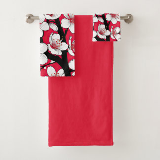 Conjunto De Toalhas Ilustração Ousada de Flor de Cerejeira em Vermelho