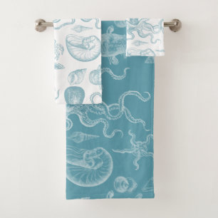 Conjunto De Toalhas Ilustração Vintage Animais do Mar Azul Moderno