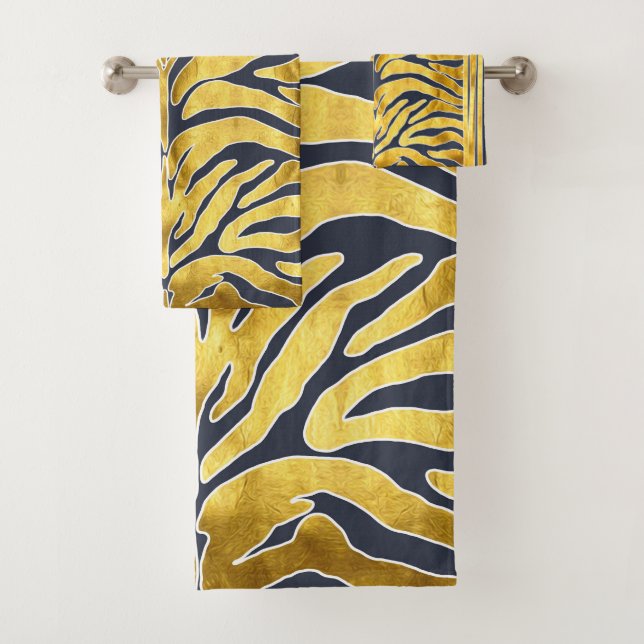 Conjunto De Toalhas Impressão animal, faixas de tigre em ouro, azul, b (Insitu)