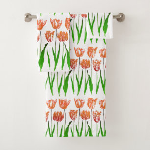 Conjunto De Toalhas Impressão de Jardim Tulipado em Laranja Coral e V