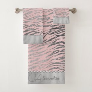 Conjunto De Toalhas Impressão de Zebra Silver Glittery em rosa persona