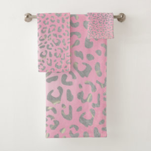Conjunto De Toalhas Impressão do Leopardo de Prata Rosa Pastel