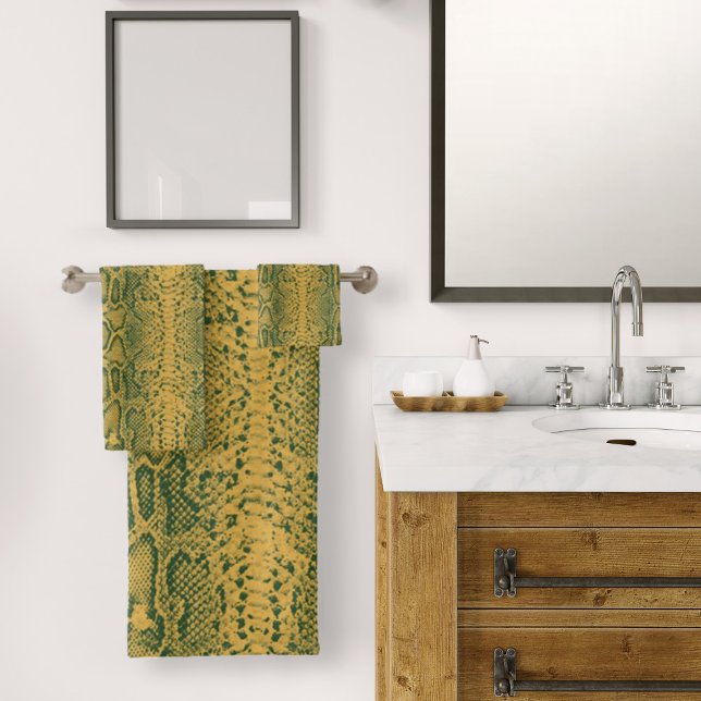 Conjunto De Toalhas Impressão em animais de pele Cobra verde amarela (Yellow Green Snake Skin Animal Print Bath Towel Set by Looly Elzayat)