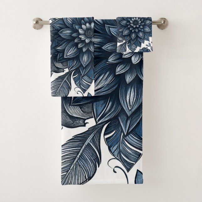 Conjunto De Toalhas Impressão Floral Boêmia Azul e Branco (Insitu)