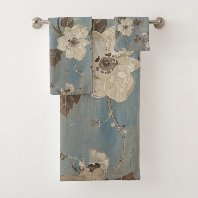 Conjunto De Toalhas Impressão Floral Marrom Azul Claro Rústico (Insitu)