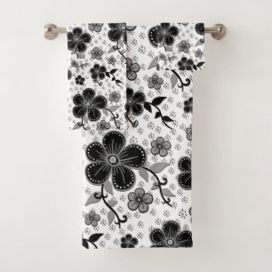 Conjunto De Toalhas Impressão Floral preto-e-branco