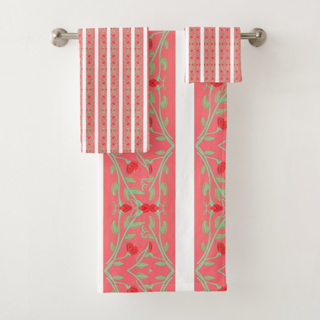 Conjunto De Toalhas Impressão Floral, Rosa E White Stripe (Insitu)