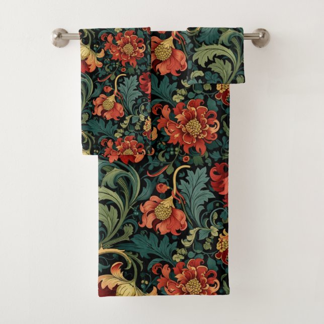 Conjunto De Toalhas Impressão floral vermelha de William Morris (Insitu)