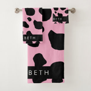 Conjunto De Toalhas Impressão, Pontos De Vaca, Vaca Rosa, Seu Nome
