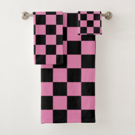 Conjunto De Toalhas Impressão Xadrez Preto e Rosa