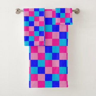 Conjunto De Toalhas Impressão Xadrez Rosa e Azul