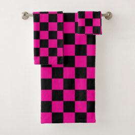 Conjunto De Toalhas Impressão Xadrez Rosa Quente e Preto