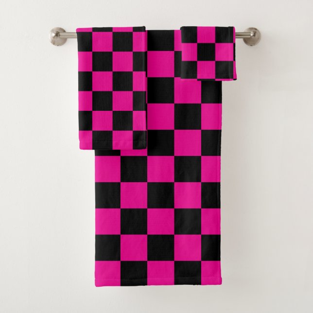 Conjunto De Toalhas Impressão Xadrez Rosa Quente e Preto (Insitu)