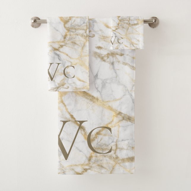 Conjunto De Toalhas Iniciais Monogramadas Mármore Dourado Branco Cinza (Insitu)