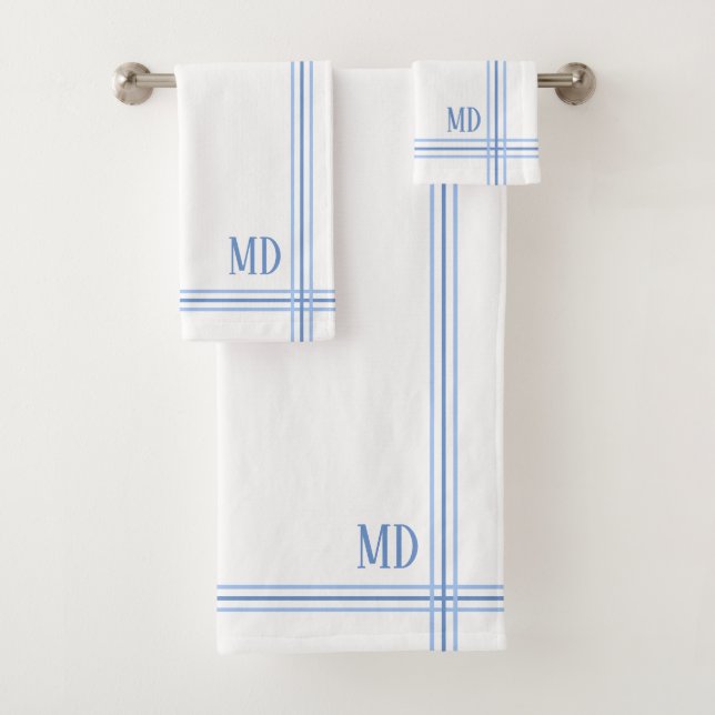 Conjunto De Toalhas Iniciais Personalizados com Striping Branco e Azul (Insitu)