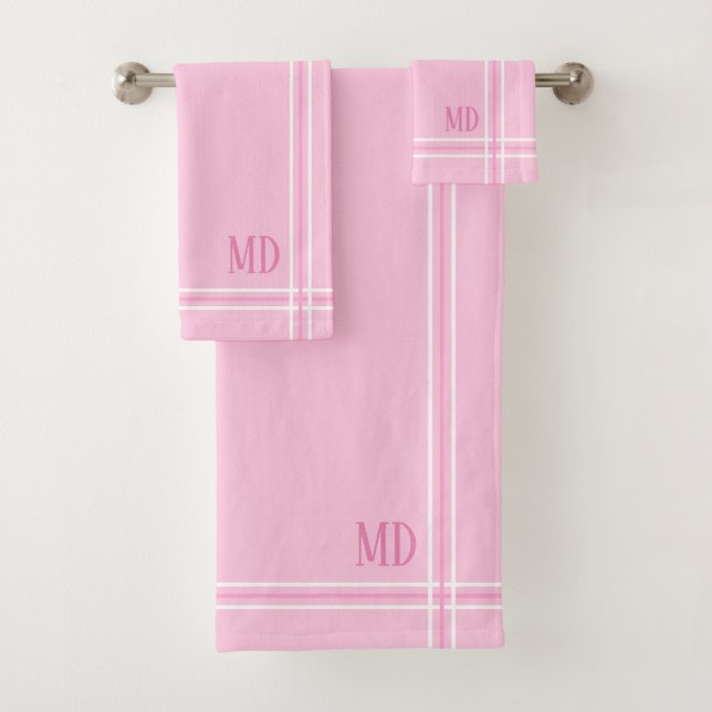 Conjunto De Toalhas Iniciais Personalizados com Striping Branco e rosa (Insitu)