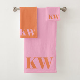 Conjunto De Toalhas Iniciales Personalizadas de Monograma Laranja Rosa