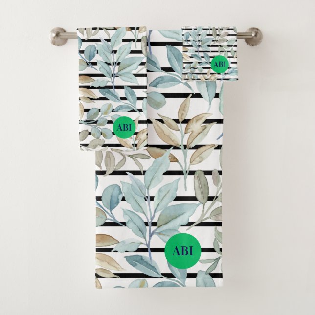 Conjunto De Toalhas Initials girly pastel Botanical Blue Stripes Chic (Insitu)