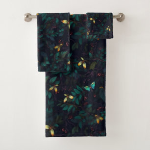 Conjunto De Toalhas Insetos brilhantes na folhagem escura