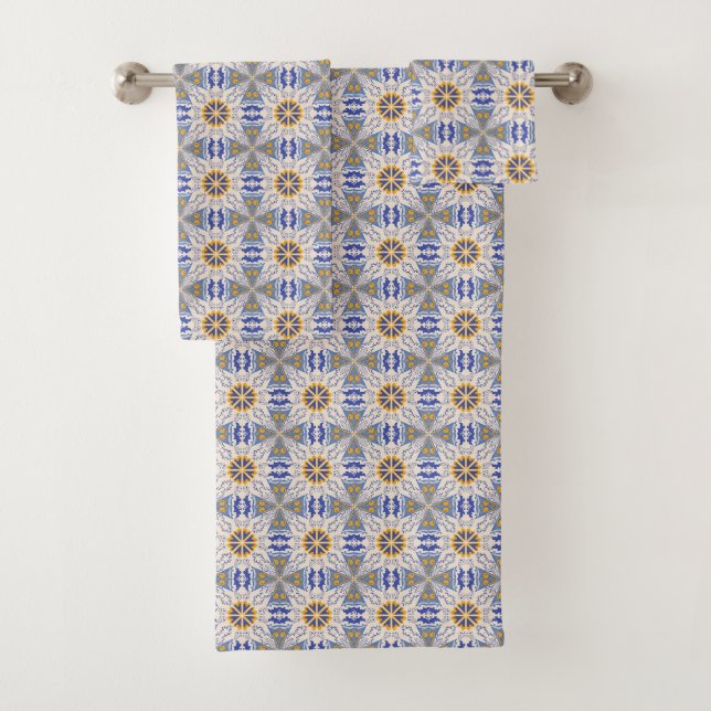 Conjunto De Toalhas intricado padrão geométrico azul, amarelo e branco (Insitu)
