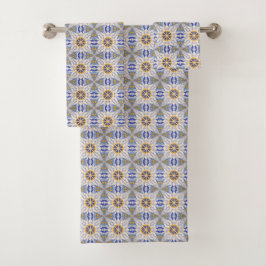 Conjunto De Toalhas intricate blue, yellow, & white geometric pattern 