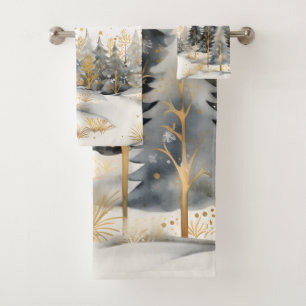 Conjunto De Toalhas Inverno Dourado e Cinza de trigo na floresta