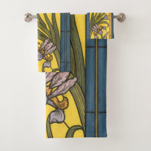 Conjunto De Toalhas Iris Flor Art Nouveau Vitral Azul Dourado