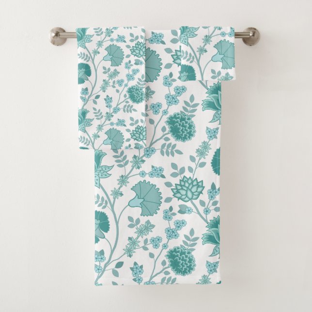 Conjunto De Toalhas Jacobean Floral Pattern Teals on White (Insitu)