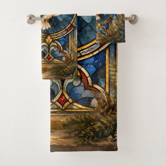 Conjunto De Toalhas Janela de Natal com Pombo de Vidro Colorido