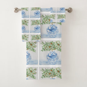 Conjunto De Toalhas Jar Ginger Azul e Branco