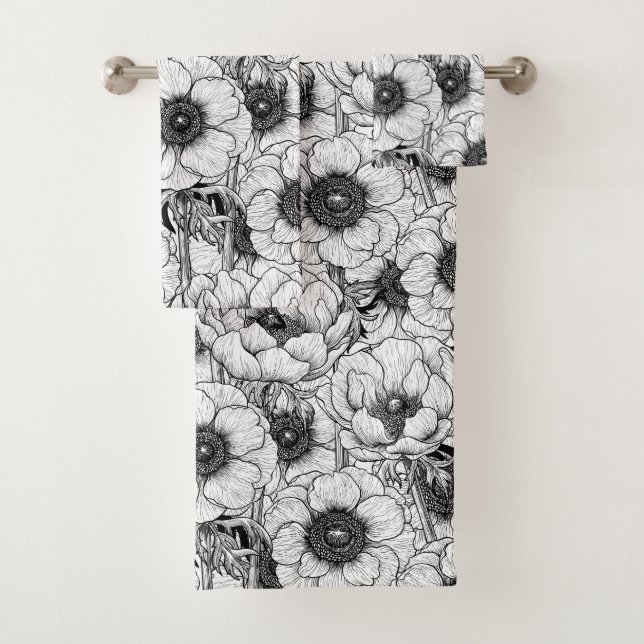 Conjunto De Toalhas Jardim anêmono em preto e branco (Insitu)
