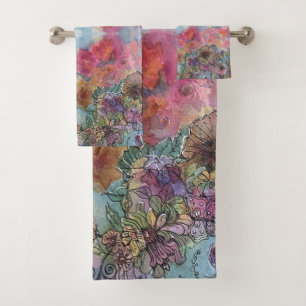 Conjunto De Toalhas Jardim de Flores Charmoso e Chic Pintura em Aquare