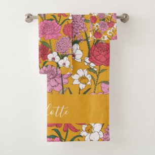 Conjunto De Toalhas Jardim Floral Boho Amarelo Nome Personalizado