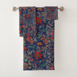 Conjunto De Toalhas Jardim Floral em Reds sobre fundo azul escuro