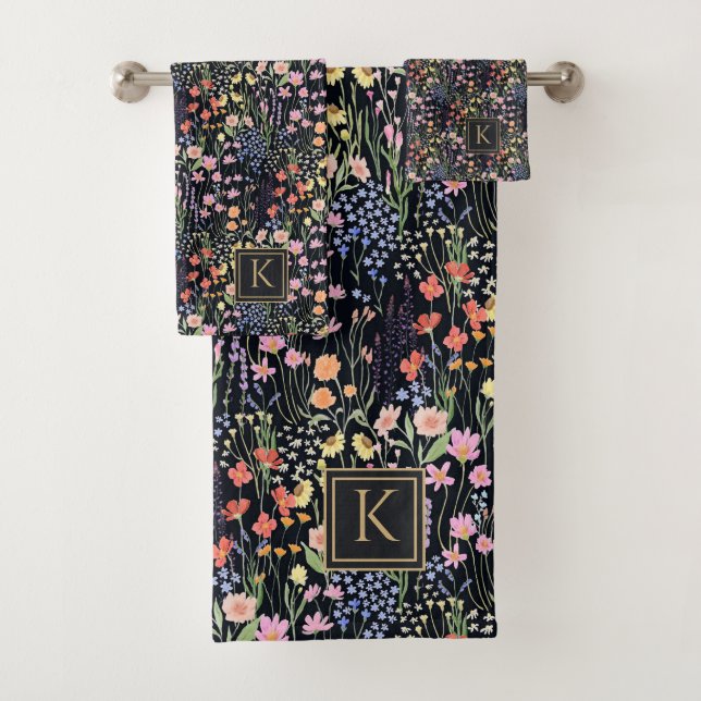 Conjunto De Toalhas Jardim Monograma Fundo Escuro Floral de Flores Sil (Insitu)