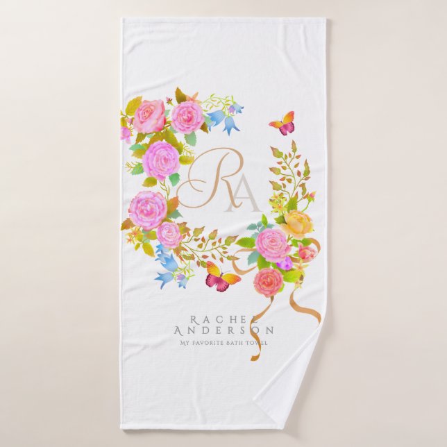 Conjunto De Toalhas Jardim Romântico Florido Monograma Branco (Toalha de Banho)