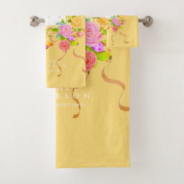 Conjunto De Toalhas Jardim Romântico Florido Monograma Dourado Amarelo
