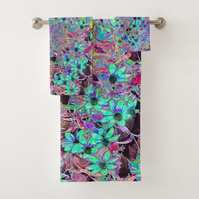 Conjunto De Toalhas Jardim Roxo com Flores Alucinógenas Aquamarinas (Insitu)