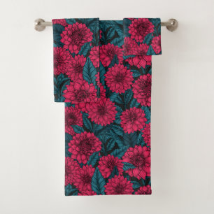 Conjunto De Toalhas Jardim Vermelho Dahlia/folhas azuis