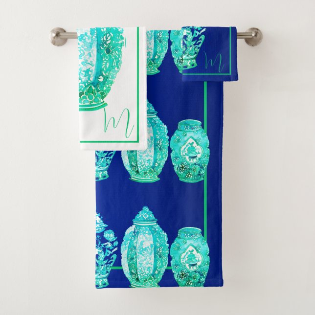 Conjunto De Toalhas Jarra de Gengibre Azul Verde Branco Monogramada El (Insitu)