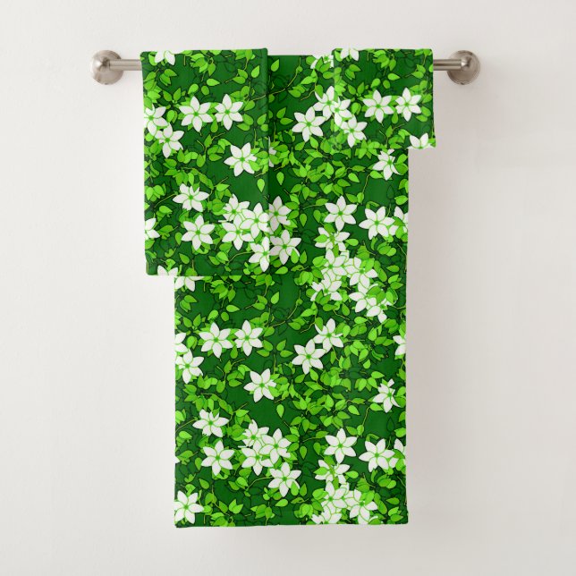 Conjunto De Toalhas Jasmine Branca Entre Folhas Verdes (Insitu)